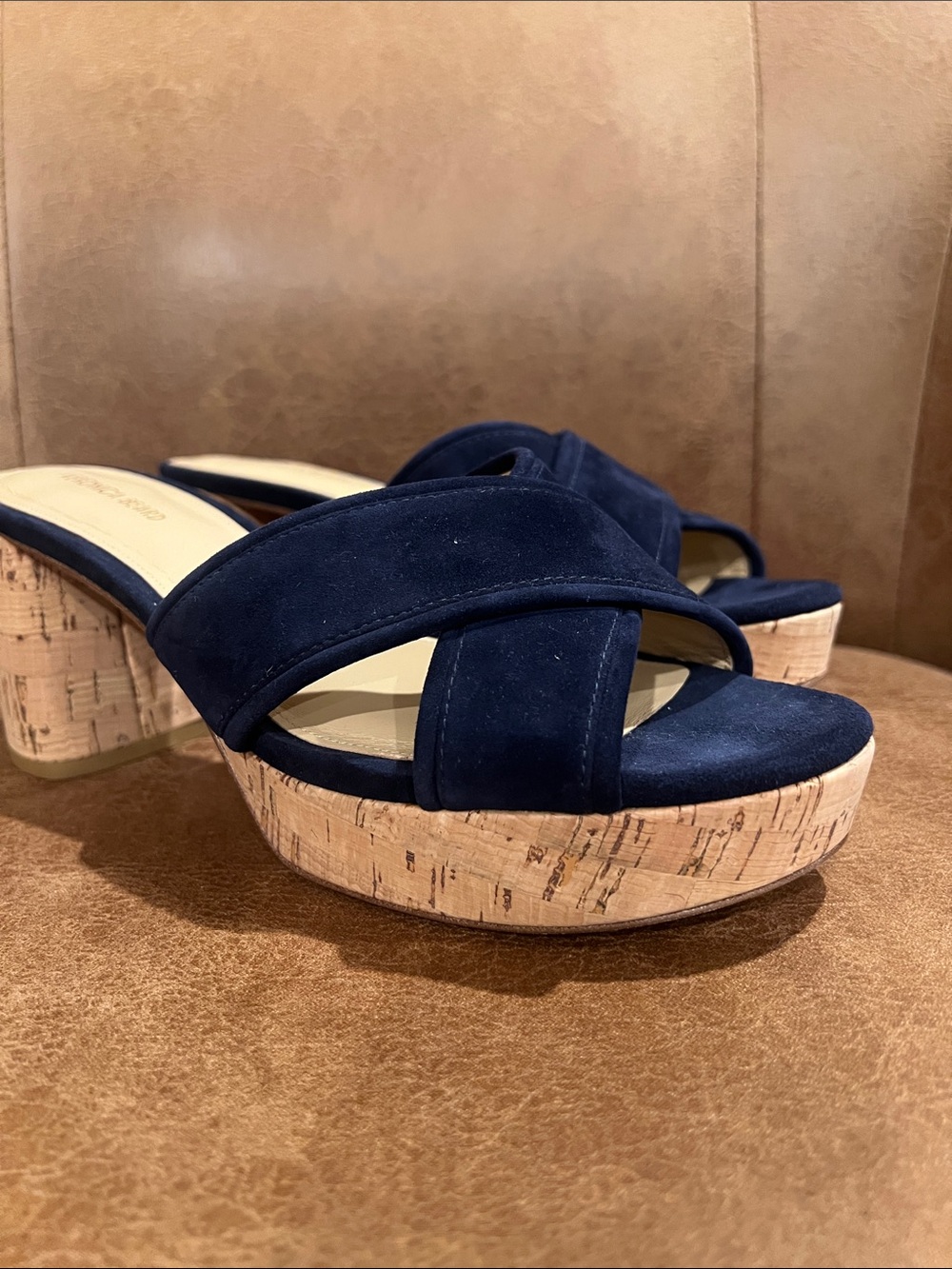 Veronica Beard Navy Suede Cork Block Heel Slides - Picture 2 of 9
